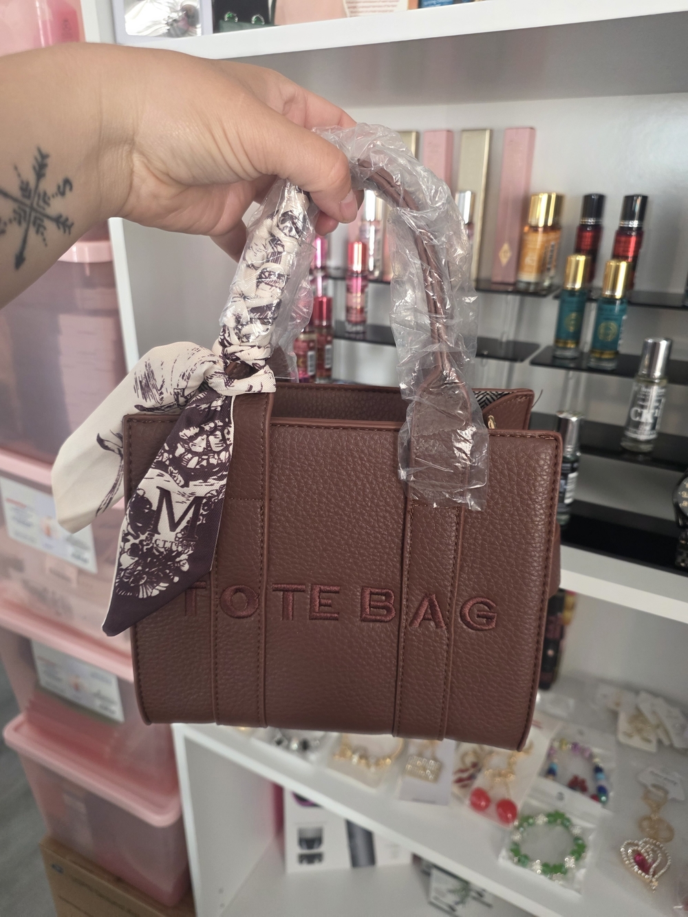 Brown Vegan Leather Mini Tote Bag with Scarf Detail (Mystery Gift Inside)